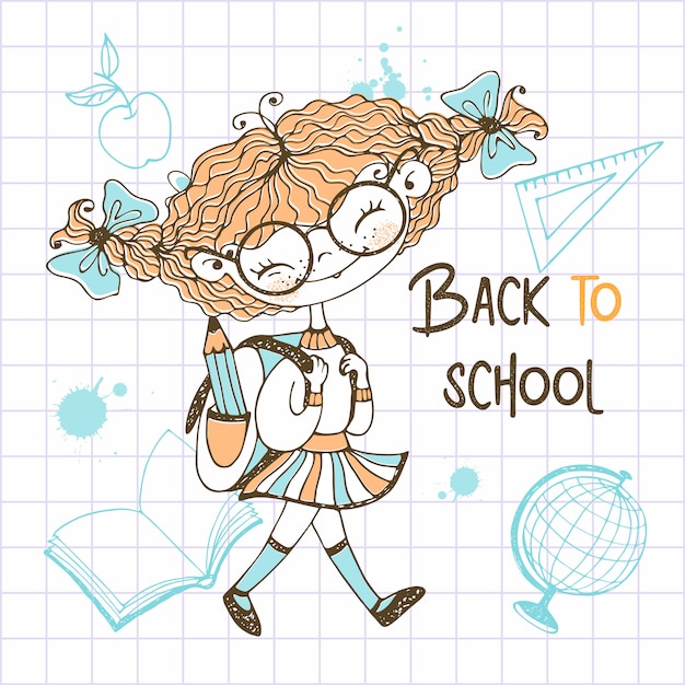 Cute girl with pigtails with a school backpack goes to school. Back to school.