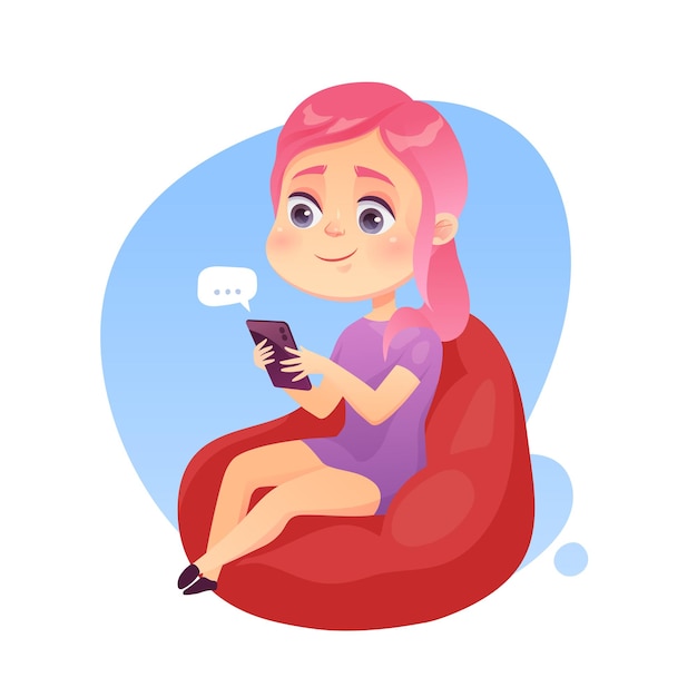 Cute girl with pink hair sitting on a bean bag uses a smartphone