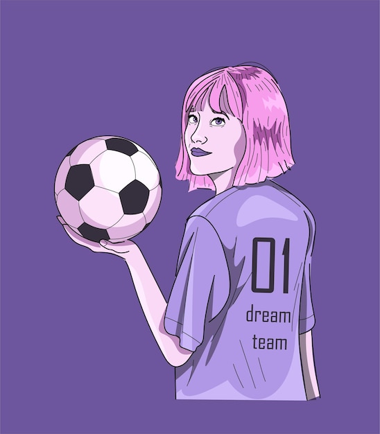 Cute girl with pink hear holding a football soccer ball