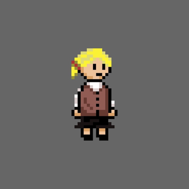 cute girl with ponytail blonde hair use school uniform in pixel art style vector