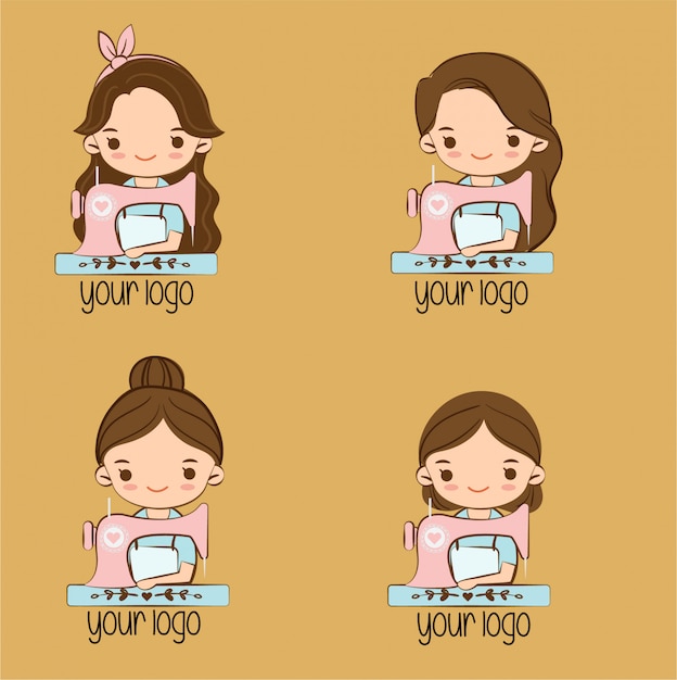 Cute girl with sewing machine cartoon for brand logo design