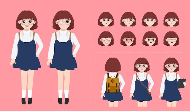 Cute girl with short hair and glasses character design ready for animation