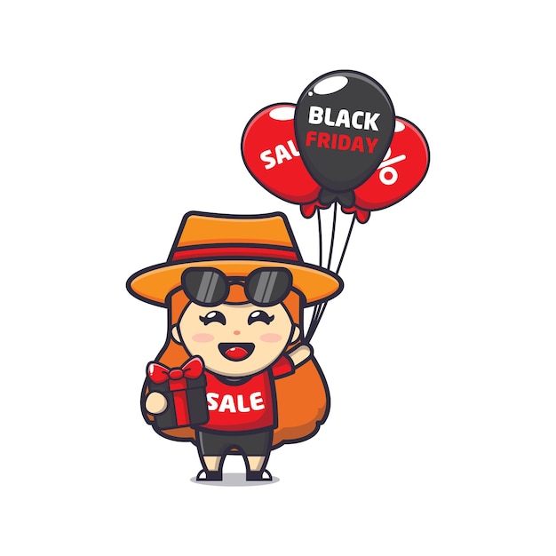 cute girl with sunglasses in black friday sale cartoon mascot illustration