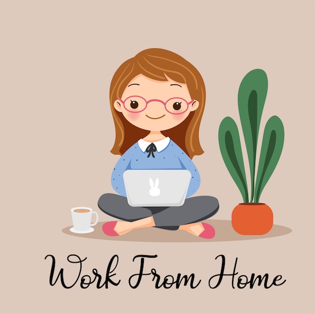 Cute girl working from home with laptop cartoon character