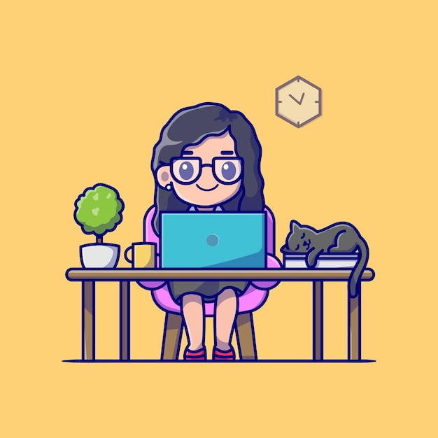 Cute Girl Working On Laptop With Cat Cartoon