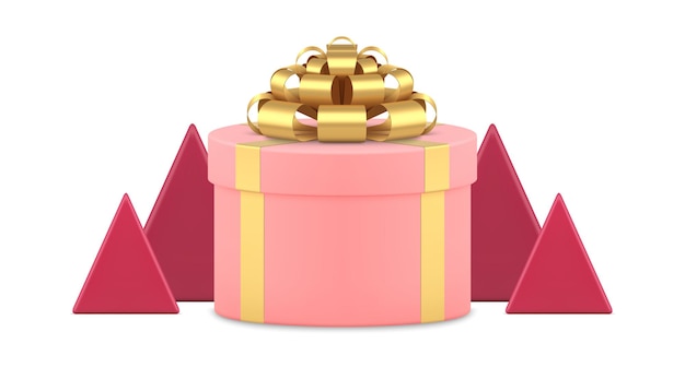 Cute girlish pink festive gift box triangle pyramid minimalist Christmas tree 3d icon vector