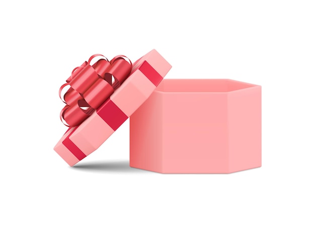 Cute girlish polygonal cardboard gift box decorated by red glossy bow surprise storage isometric 3d