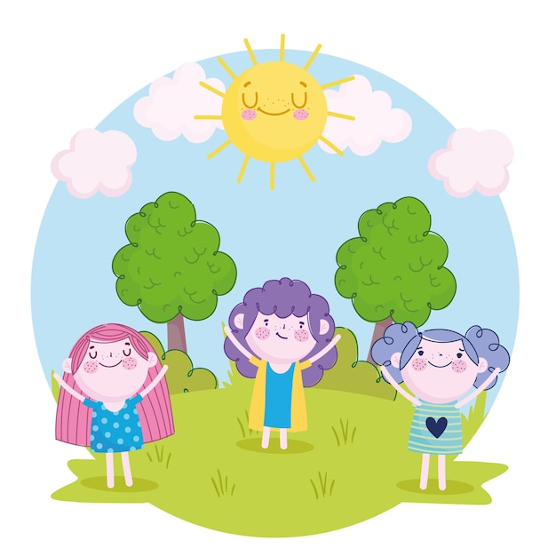 Cute girls and boy standing in the grass cartoon, Children  illustration