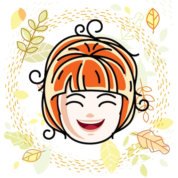 Cute girls face, human head. Vector redhead character, smiling girl face features.