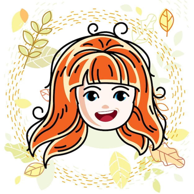 Cute girls face, human head. Vector redhead character, smiling girl face features.