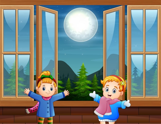 Cute girls standing with open window and night landscape