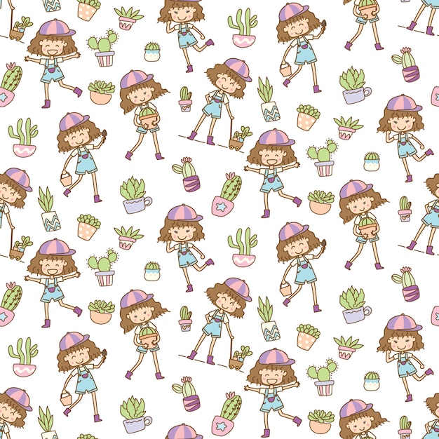 Cute girls with cactus seamless pattern background