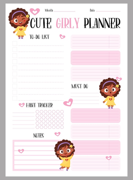 Cute girly planner Weekly organizer todo list notes habit tracker with happy darkskinned ethnic girl