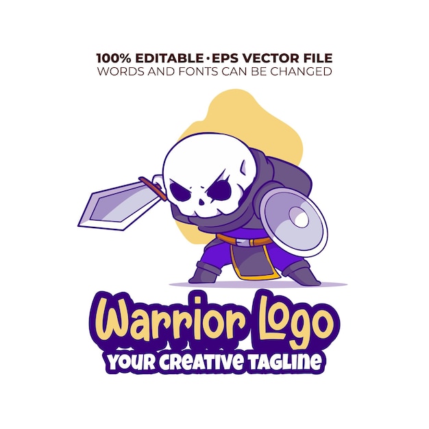 Cute gloomy skeleton holding sword and shield warrior logo