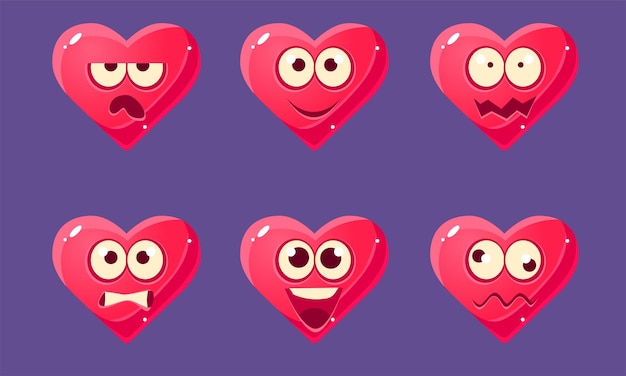 Cute Glossy Heart Characters Set Pink Hearts with Different Emotions Vector Illustration