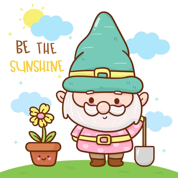 Cute gnome garden with flower pot spring season kawaii cartoon