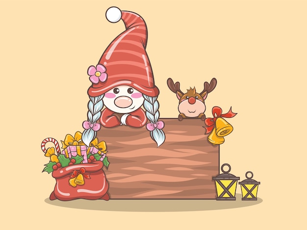 Vector cute gnome girl and cute deer cartoon character on christmas illustration