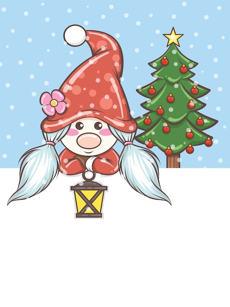 cute gnome girl holding a solar lantern on Christmas illustration