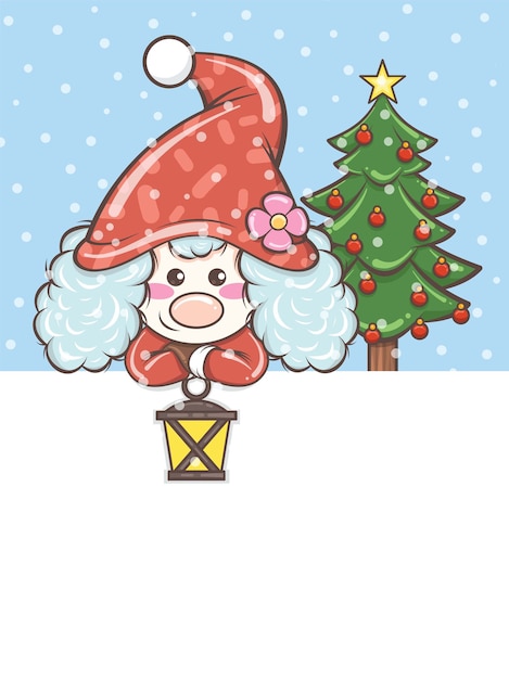 cute gnome girl holding a solar lantern on Christmas illustration