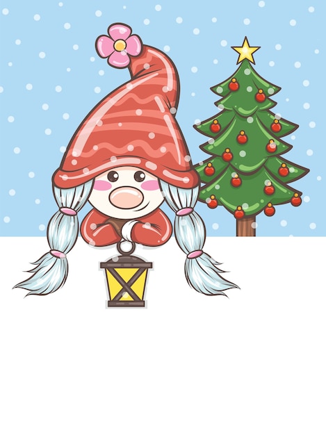 cute gnome girl holding a solar lantern on Christmas illustration