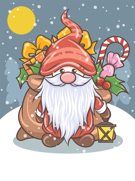 cute gnome holding a solar lantern - Christmas illustration