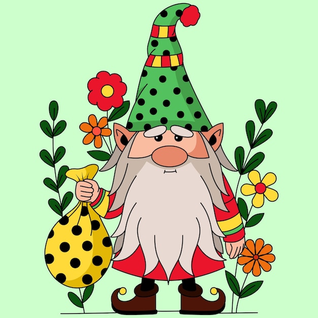 A cute Gnome holds a coin bag with a flower decoration background and colorful vector illustration