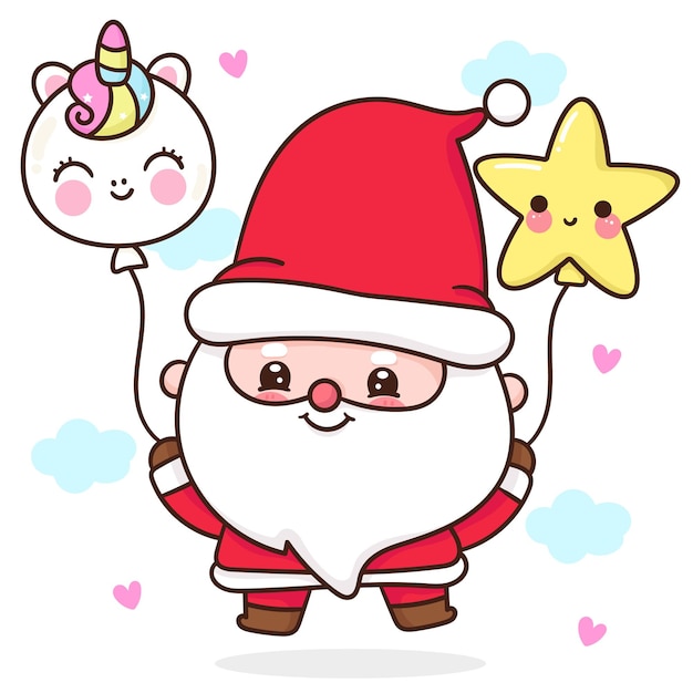 Cute Gnome Santa calus holding Christmas unicorn and star balloon kawaii cartoon