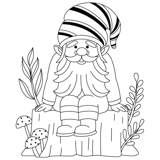 A cute Gnome sitting on a cutting-down tree beside some colorful mushroom outline coloring pages