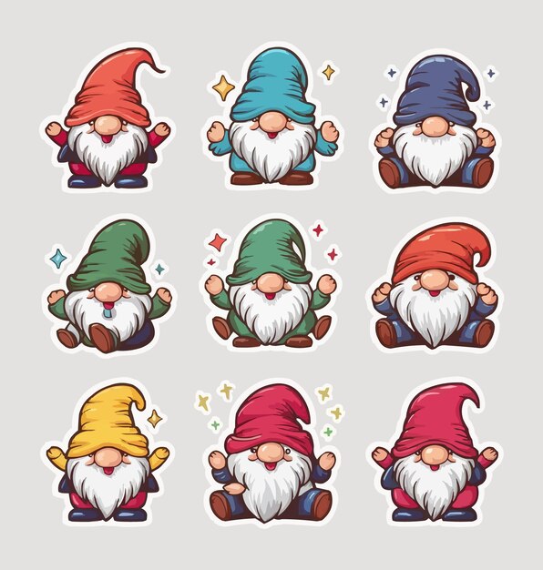 Vector cute gnome watercolor printable stickers vector illustration set