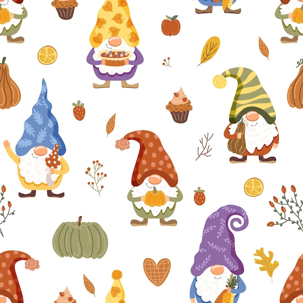 Cute gnomes in autumn Seamless pattern Vector illustration