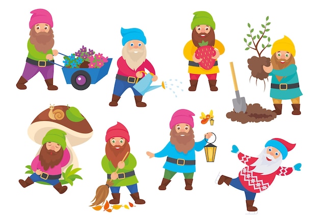 Cute gnomes flat set with isolated characters of dwarfs wearing colorful hats costumes doing gardening works vector illustration