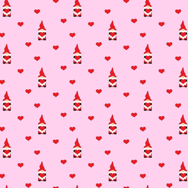 Cute gnomes in red hats and hearts on valentine's day. Seamless pattern on a pink background. Patter