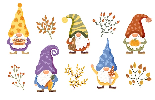 Vector cute gnomes with autumn leaves set of elements vector illustration