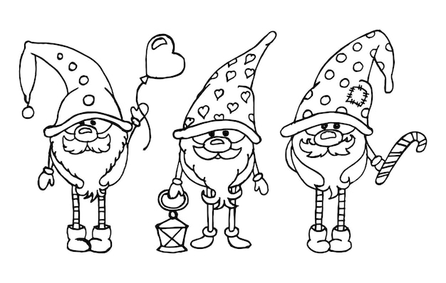 Cute gnomes with lantern, christmas candy and balloon. Hand drawn illustration, sketch, vector