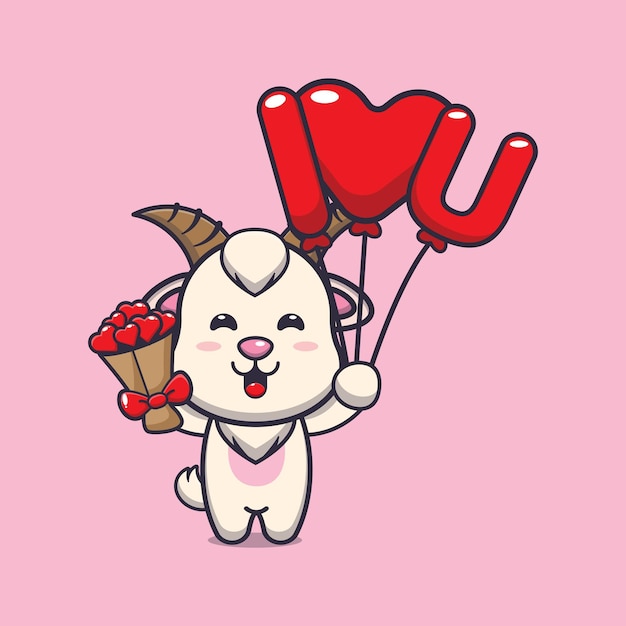 cute goat cartoon character holding love balloon and love flowers