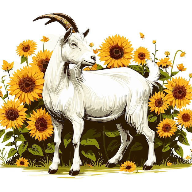 Cute Goat and Sunflowers cartoon Vector Style white background