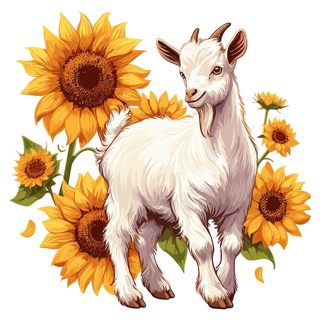 Cute Goat and Sunflowers cartoon Vector Style white background