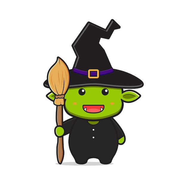 Cute goblin wear witch costume halloween celebration mascot character cartoon icon illustration