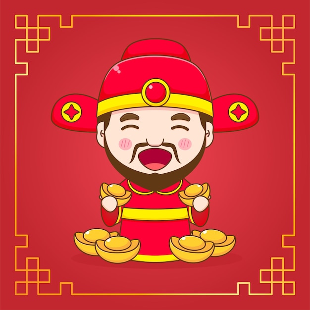 Cute God of wealth holding gold ingot cartoon character with Chinese ornament frame