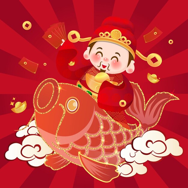 Vector the cute god of wealth welcomes chinese new year