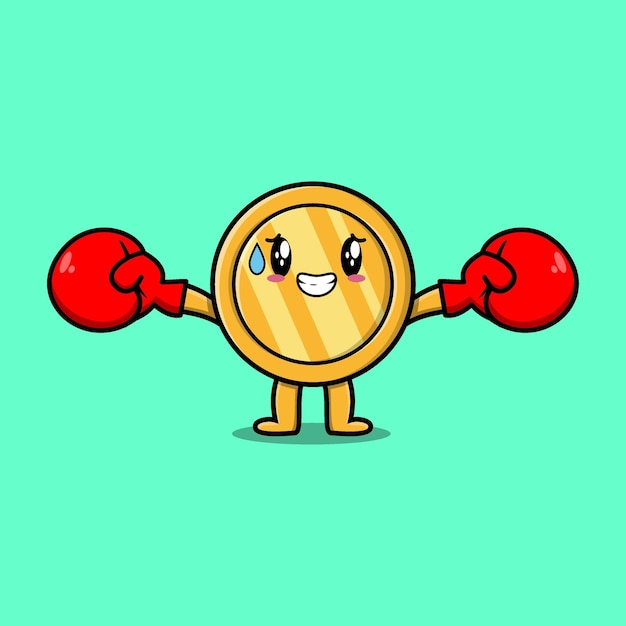 Cute Gold coin mascot cartoon playing sport with boxing gloves and cute stylish design