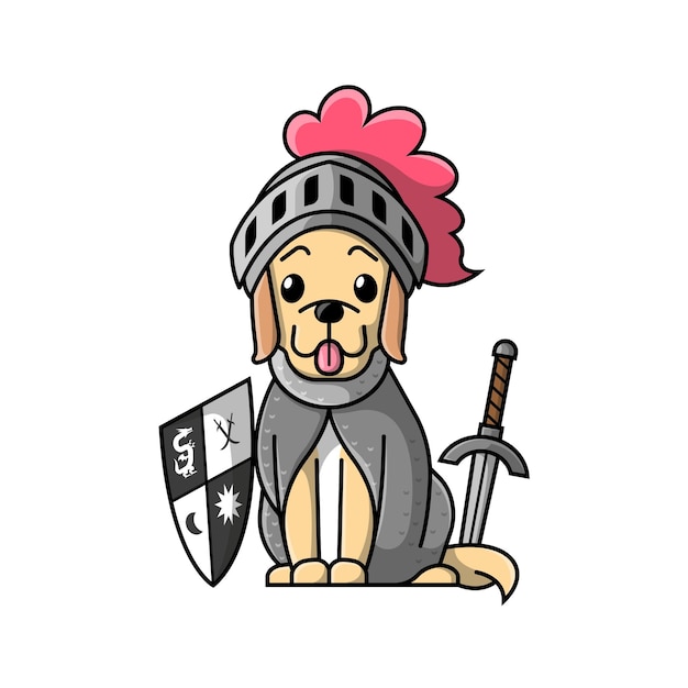 CUTE GOLDEN RETRIEVER IS WEARING KNIGHT COSTUME CARTOON ILLUSTRATION