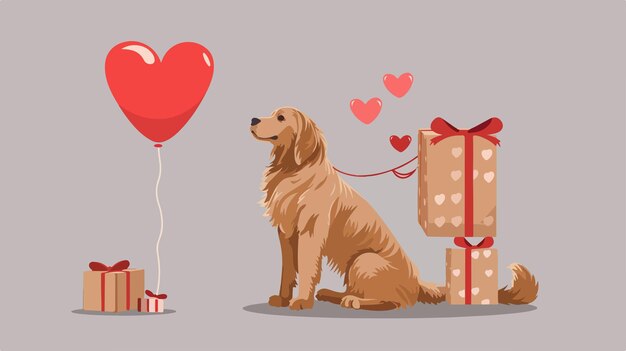 Vector cute golden retriever with gift boxes and heart