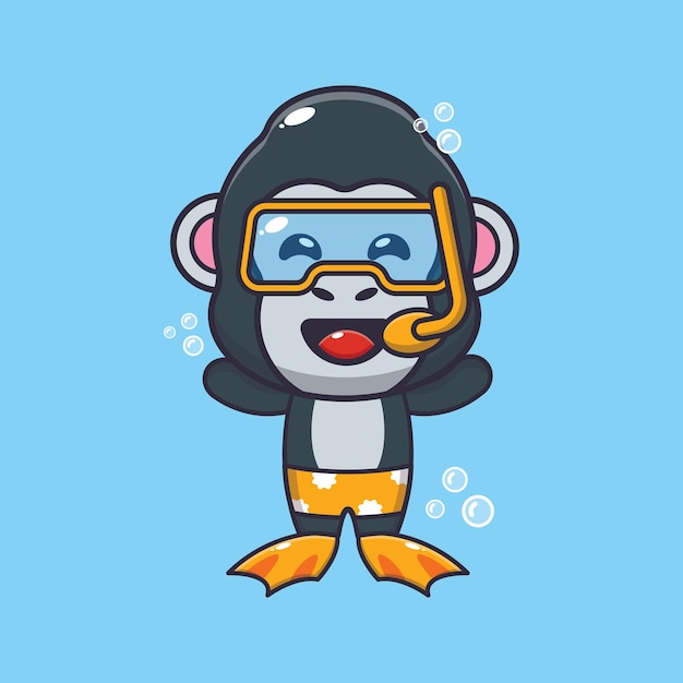 Cute gorilla diving cartoon mascot character illustration.