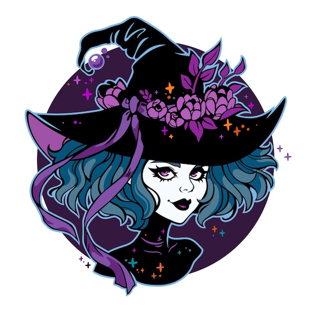 Cute gothic witch wearing a hat decorated with flowers