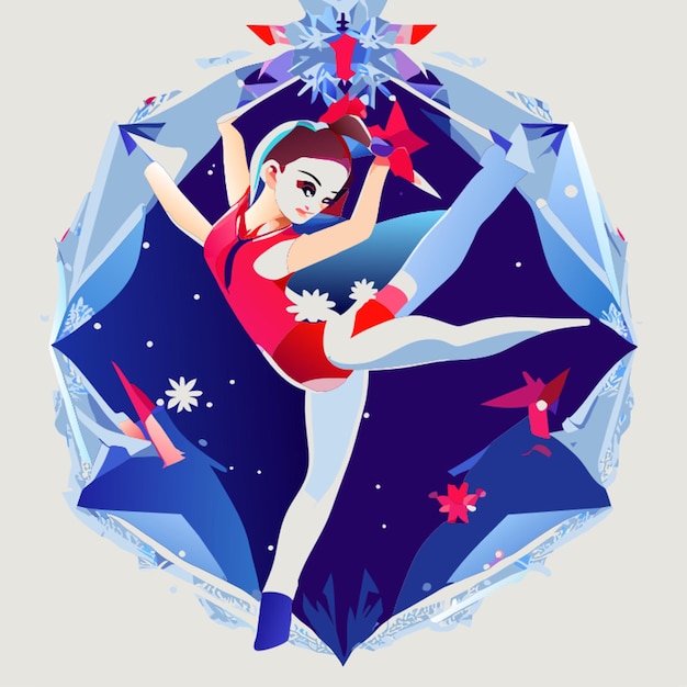 cute graceful gymnast jumping in a splits pose in a blue leotard vector illustration