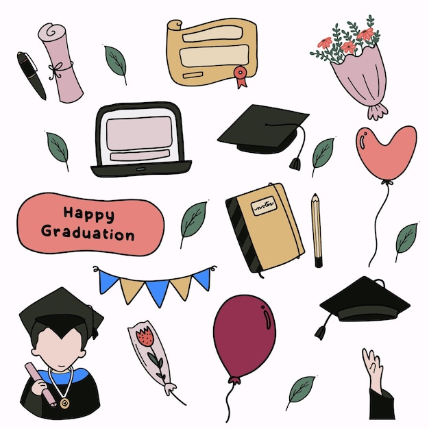 Cute graduation element set on hand drawn style