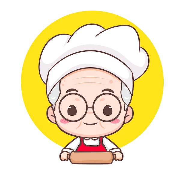 Cute grandfather chef cartoon Grandpa cooking logo vector art People Food Icon Concept