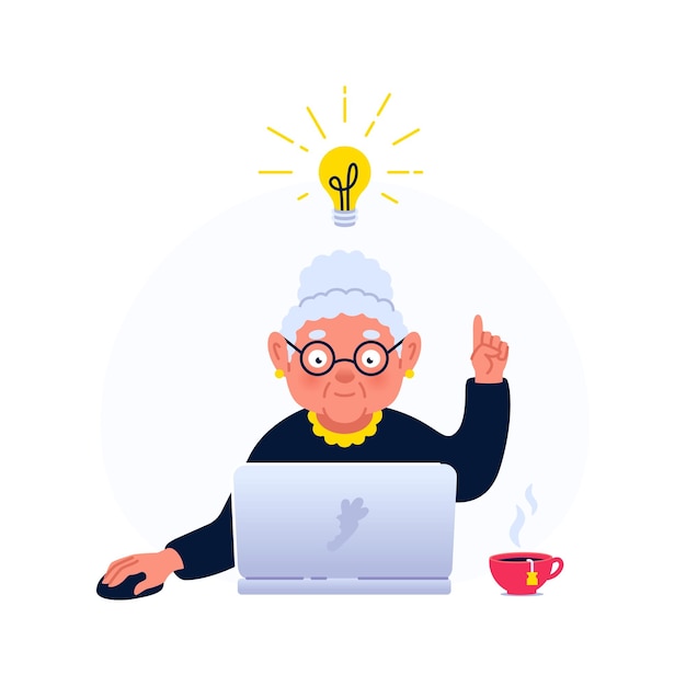 Cute grandmother working with light bulb idea over the head on computer laptop