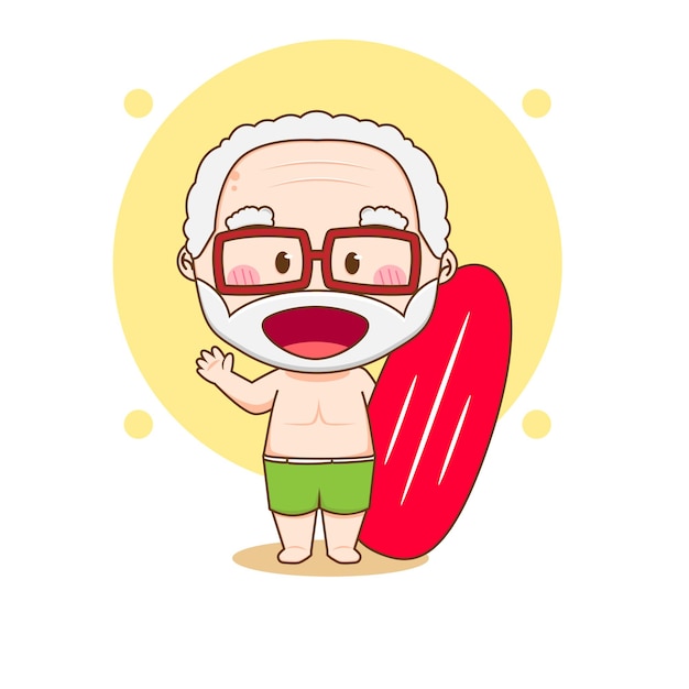 Cute grandpa with surfboard Chibi cartoon character Vector art illustration